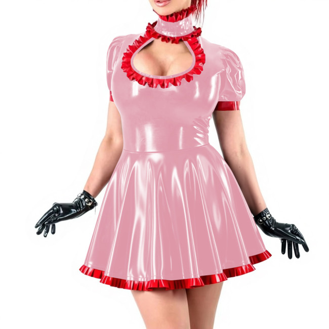 Sissy Sexy Ruffles High Neck A-line Mini Dress Vinyl PVC Leather Hollow Out Chest Short Flared Skater Dress for Party Outfits