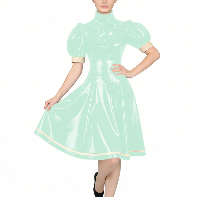 Women's Glossy PVC Vintage Style Dress Plus Size Party Knee-lenght A-line Dress Patchwork High Neck Ruffled Bow Flare Midi Dress