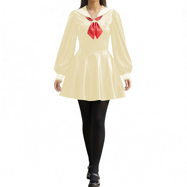 Party Sexy Pleated Sailor Collar Mini Dress for Anne Cosplay Cosutme Glossy PVC Leather Long Lantern Sleeve Short Dress with Bow