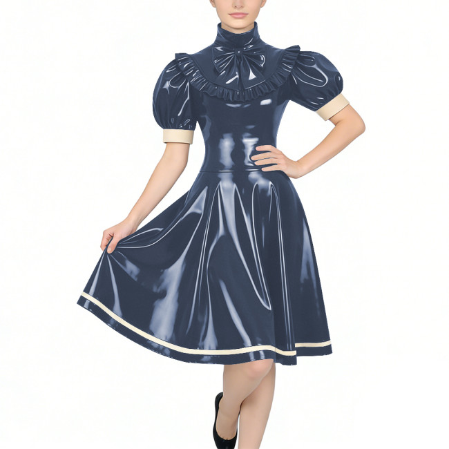 Women's Glossy PVC Vintage Style Dress Plus Size Party Knee-lenght A-line Dress Patchwork High Neck Ruffled Bow Flare Midi Dress