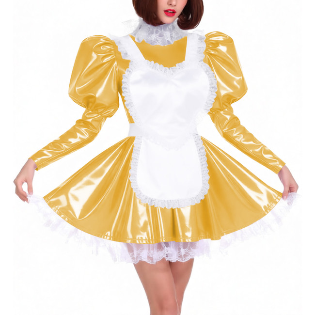 Puff Long Sleeve Glossy PVC French Miad Dress with Apron Lolita Lace Trim Pleated Cosplay Maid Uniforms Sissy Theme Party Outfit