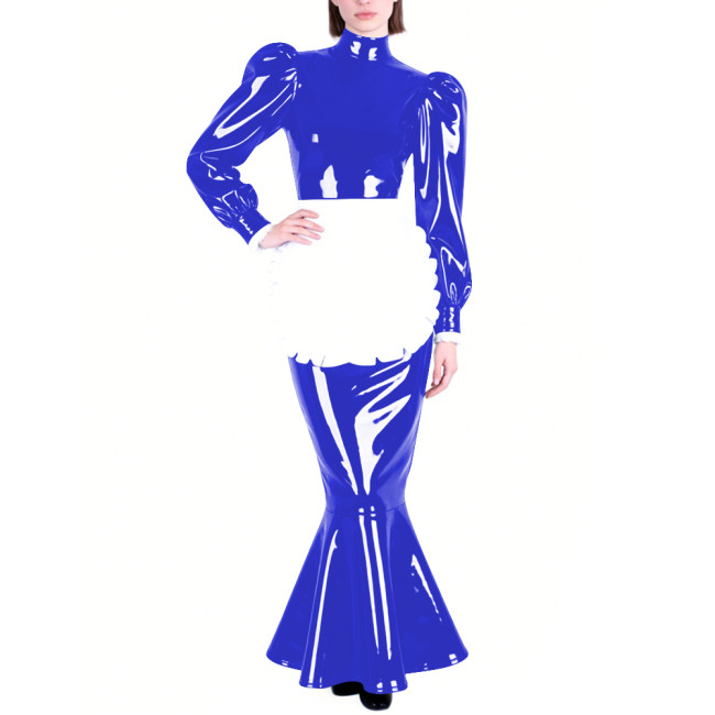 Mens Sissy PVC Glossy Mermaid Maid Dress High Neck Puff Long Sleeve Slim Fit Ruffled Long Dress with Apron Party Cosplay Outfits