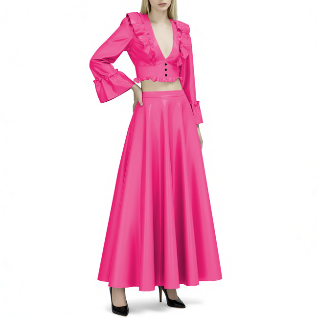 Women's Vinyl PVC Leather 2-Piece Outfit Glossy Ruffled Deep V Neck Crop Top and High Waist Flared Maxi Skirt Party Set for Club