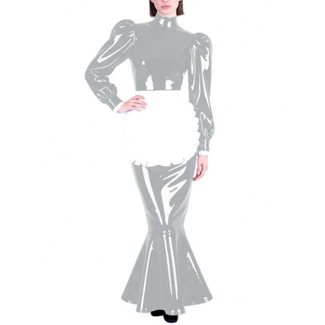 Mens Sissy PVC Glossy Mermaid Maid Dress High Neck Puff Long Sleeve Slim Fit Ruffled Long Dress with Apron Party Cosplay Outfits
