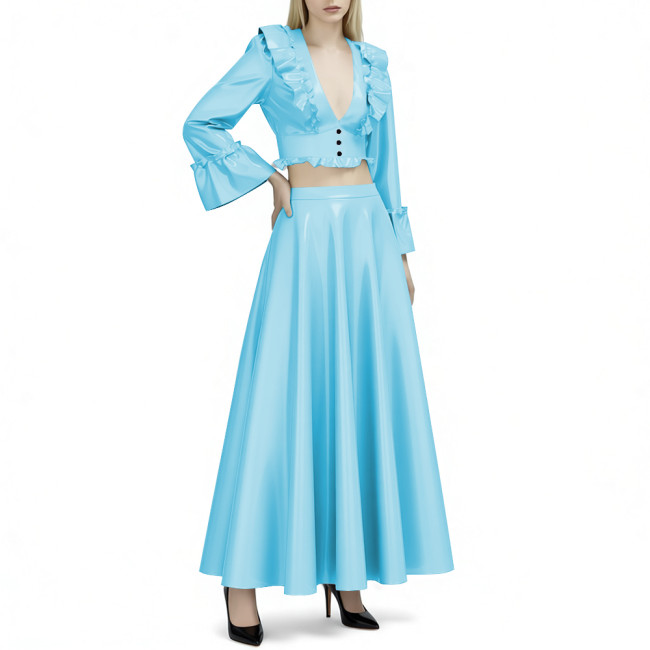 Women's Vinyl PVC Leather 2-Piece Outfit Glossy Ruffled Deep V Neck Crop Top and High Waist Flared Maxi Skirt Party Set for Club