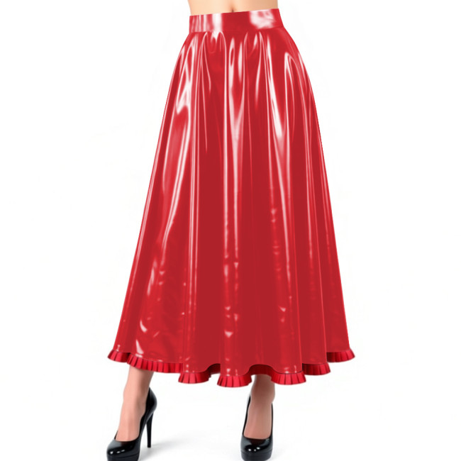 Sissy Glossy PVC Leather Pleated Maxi Skirt Shiny Wet Look High Waist Flared A-Line Long Skirt with Ruffled Hem Nightclub Outfit