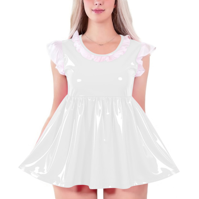 Womens O-neck Glossy High Waist A-line Dress Shiny PVC Leather Sleeveless Mini Badydoll Dress for Party Club Cosplay Nightwear