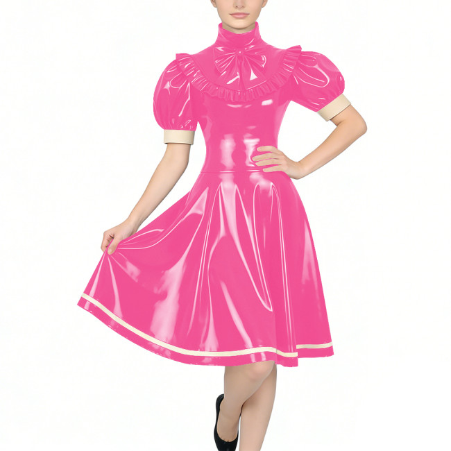 Women's Glossy PVC Vintage Style Dress Plus Size Party Knee-lenght A-line Dress Patchwork High Neck Ruffled Bow Flare Midi Dress