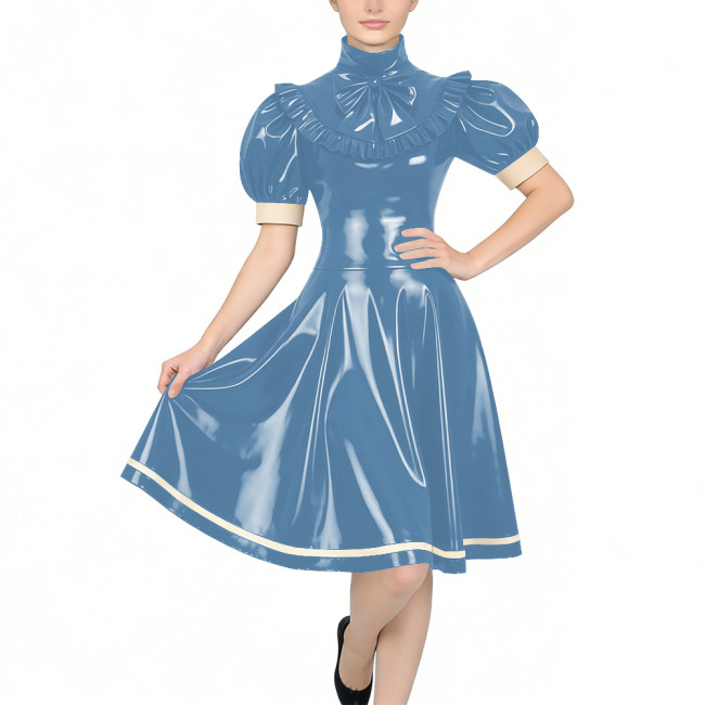 Women's Glossy PVC Vintage Style Dress Plus Size Party Knee-lenght A-line Dress Patchwork High Neck Ruffled Bow Flare Midi Dress