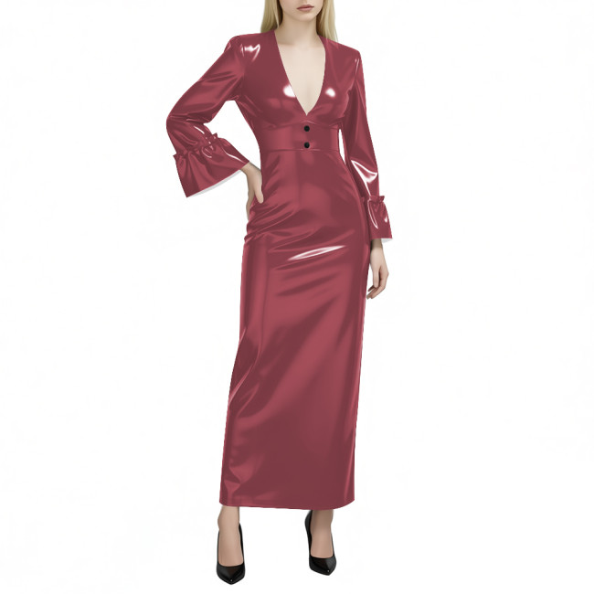 Women's Glossy PVC Leather Maxi Dress Sexy Deep V Neck Long Flare Sleeve Slim Pencil Dress Evening Party Club Formal Long Dress