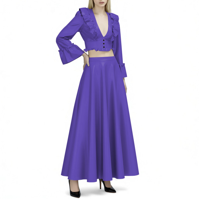 Women's Vinyl PVC Leather 2-Piece Outfit Glossy Ruffled Deep V Neck Crop Top and High Waist Flared Maxi Skirt Party Set for Club