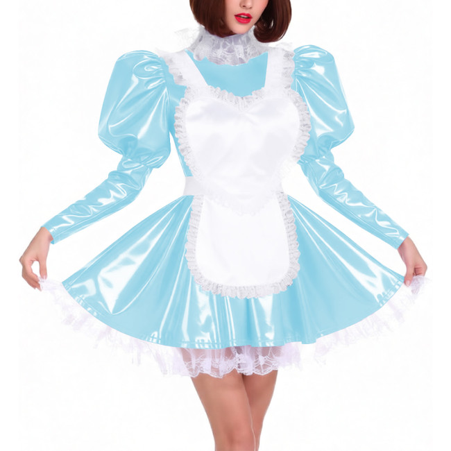Puff Long Sleeve Glossy PVC French Miad Dress with Apron Lolita Lace Trim Pleated Cosplay Maid Uniforms Sissy Theme Party Outfit