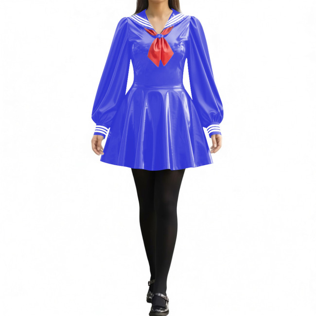 Party Sexy Pleated Sailor Collar Mini Dress for Anne Cosplay Cosutme Glossy PVC Leather Long Lantern Sleeve Short Dress with Bow