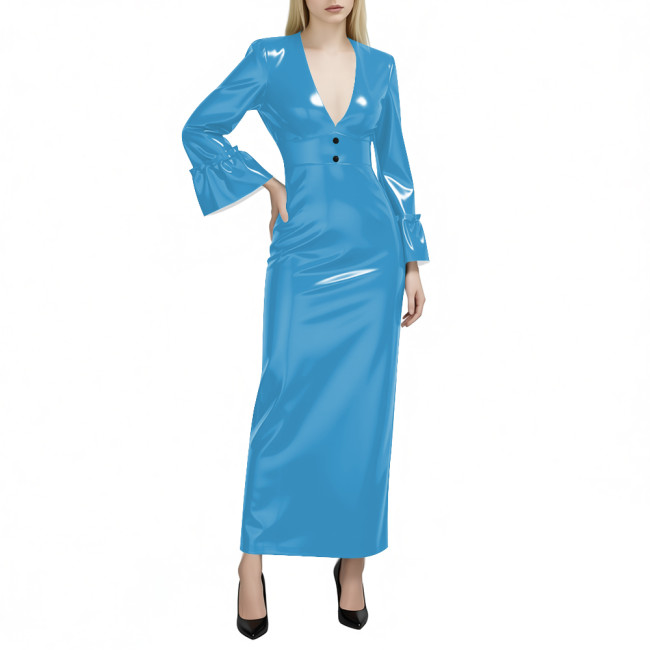 Women's Glossy PVC Leather Maxi Dress Sexy Deep V Neck Long Flare Sleeve Slim Pencil Dress Evening Party Club Formal Long Dress