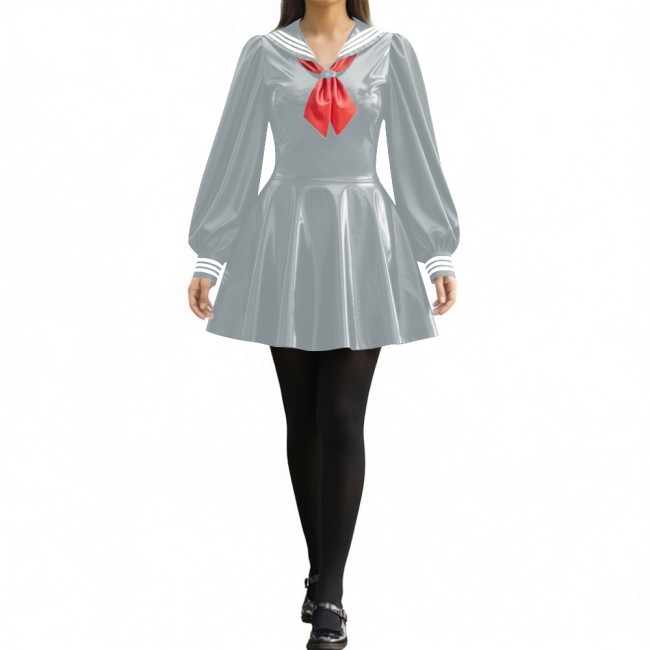 Party Sexy Pleated Sailor Collar Mini Dress for Anne Cosplay Cosutme Glossy PVC Leather Long Lantern Sleeve Short Dress with Bow