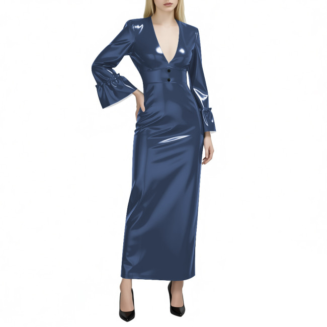 Women's Glossy PVC Leather Maxi Dress Sexy Deep V Neck Long Flare Sleeve Slim Pencil Dress Evening Party Club Formal Long Dress