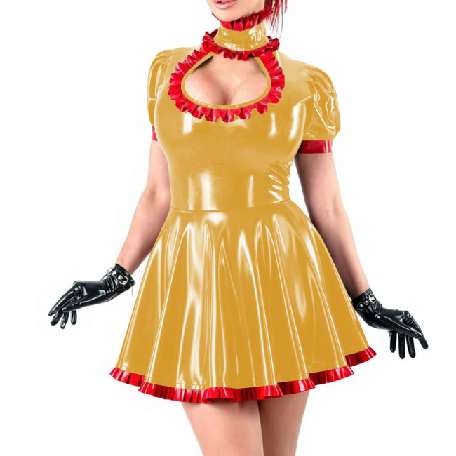 Sissy Sexy Ruffles High Neck A-line Mini Dress Vinyl PVC Leather Hollow Out Chest Short Flared Skater Dress for Party Outfits