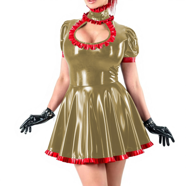 Sissy Sexy Ruffles High Neck A-line Mini Dress Vinyl PVC Leather Hollow Out Chest Short Flared Skater Dress for Party Outfits
