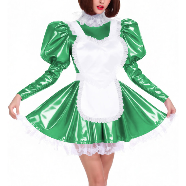 Puff Long Sleeve Glossy PVC French Miad Dress with Apron Lolita Lace Trim Pleated Cosplay Maid Uniforms Sissy Theme Party Outfit