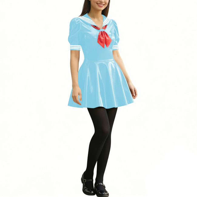 Anime Party Cosplay Sailor Mini Dress Short Sleeve Sweet Glossy PVC A-line Dress Wetlook Patent Leather Short Dress JK Uniforms