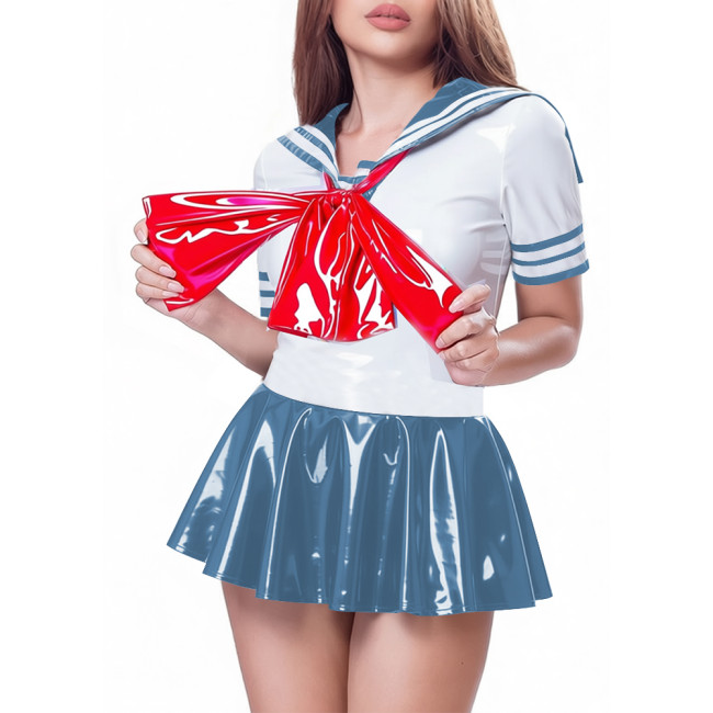 Sexy Womens Shiny PVC Sailor Dress Wetlook Short Sleeve Pleated Mini Dress Lolita Style Role Play Outfit for Halloween Party