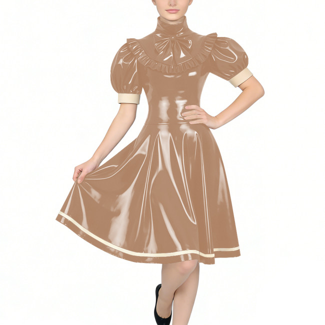 Women's Glossy PVC Vintage Style Dress Plus Size Party Knee-lenght A-line Dress Patchwork High Neck Ruffled Bow Flare Midi Dress