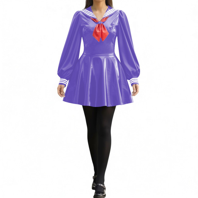 Party Sexy Pleated Sailor Collar Mini Dress for Anne Cosplay Cosutme Glossy PVC Leather Long Lantern Sleeve Short Dress with Bow