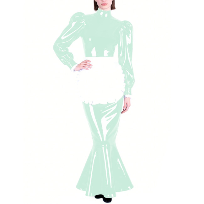 Mens Sissy PVC Glossy Mermaid Maid Dress High Neck Puff Long Sleeve Slim Fit Ruffled Long Dress with Apron Party Cosplay Outfits