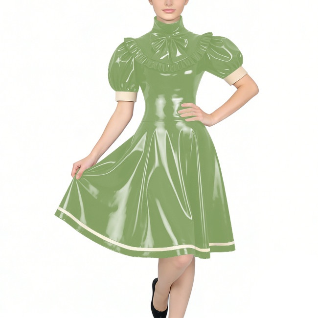 Women's Glossy PVC Vintage Style Dress Plus Size Party Knee-lenght A-line Dress Patchwork High Neck Ruffled Bow Flare Midi Dress