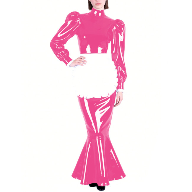 Mens Sissy PVC Glossy Mermaid Maid Dress High Neck Puff Long Sleeve Slim Fit Ruffled Long Dress with Apron Party Cosplay Outfits