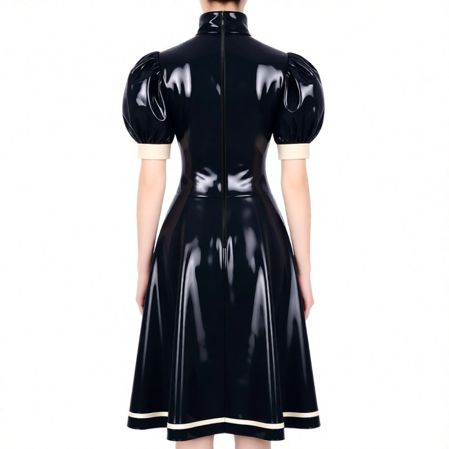 Women's Glossy PVC Vintage Style Dress Plus Size Party Knee-lenght A-line Dress Patchwork High Neck Ruffled Bow Flare Midi Dress