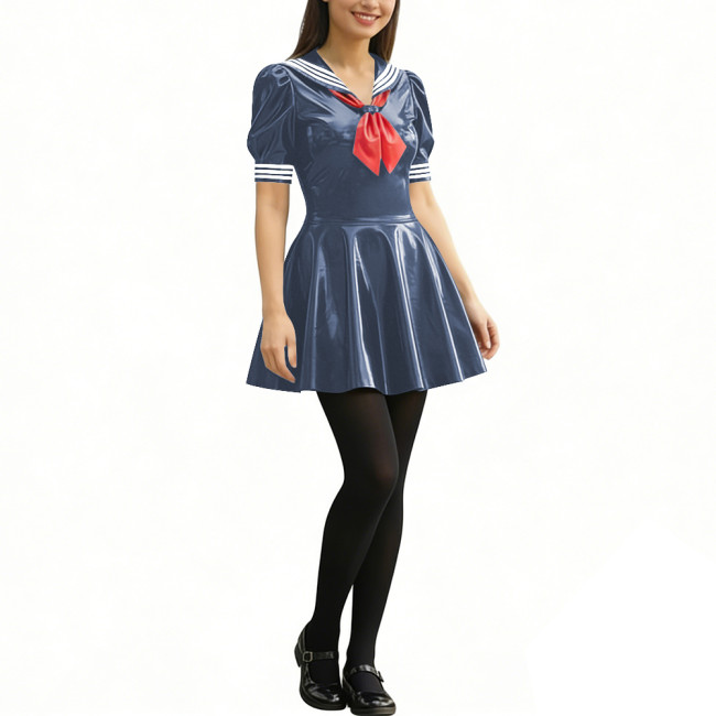 Anime Party Cosplay Sailor Mini Dress Short Sleeve Sweet Glossy PVC A-line Dress Wetlook Patent Leather Short Dress JK Uniforms
