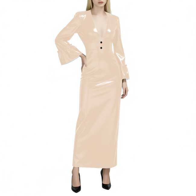 Women's Glossy PVC Leather Maxi Dress Sexy Deep V Neck Long Flare Sleeve Slim Pencil Dress Evening Party Club Formal Long Dress