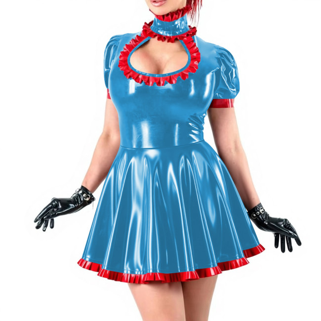 Sissy Sexy Ruffles High Neck A-line Mini Dress Vinyl PVC Leather Hollow Out Chest Short Flared Skater Dress for Party Outfits