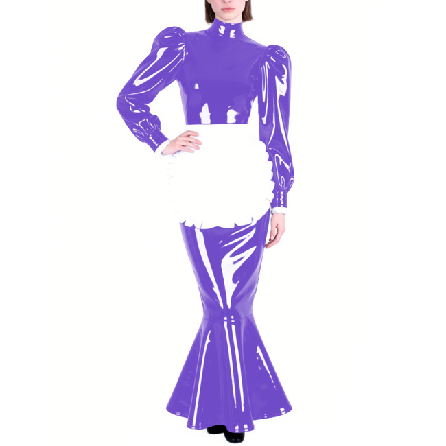Mens Sissy PVC Glossy Mermaid Maid Dress High Neck Puff Long Sleeve Slim Fit Ruffled Long Dress with Apron Party Cosplay Outfits