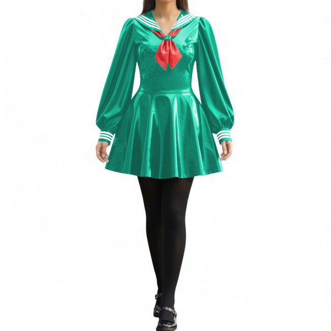 Party Sexy Pleated Sailor Collar Mini Dress for Anne Cosplay Cosutme Glossy PVC Leather Long Lantern Sleeve Short Dress with Bow