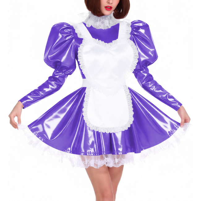 Puff Long Sleeve Glossy PVC French Miad Dress with Apron Lolita Lace Trim Pleated Cosplay Maid Uniforms Sissy Theme Party Outfit