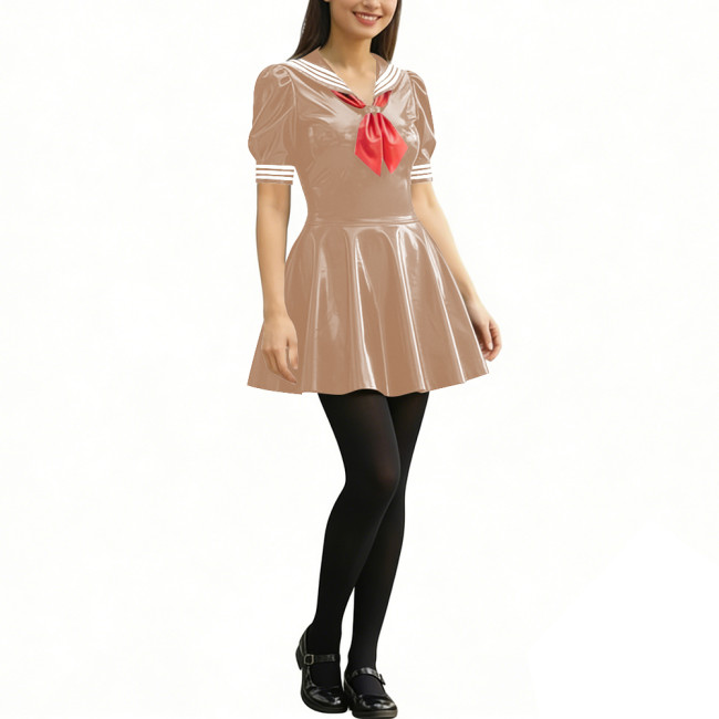 Anime Party Cosplay Sailor Mini Dress Short Sleeve Sweet Glossy PVC A-line Dress Wetlook Patent Leather Short Dress JK Uniforms