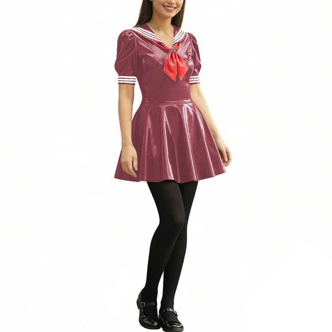 Anime Party Cosplay Sailor Mini Dress Short Sleeve Sweet Glossy PVC A-line Dress Wetlook Patent Leather Short Dress JK Uniforms