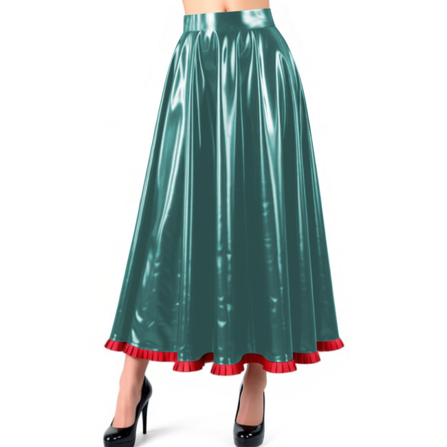 Sissy Glossy PVC Leather Pleated Maxi Skirt Shiny Wet Look High Waist Flared A-Line Long Skirt with Ruffled Hem Nightclub Outfit