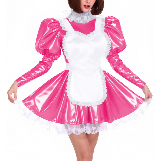 Puff Long Sleeve Glossy PVC French Miad Dress with Apron Lolita Lace Trim Pleated Cosplay Maid Uniforms Sissy Theme Party Outfit
