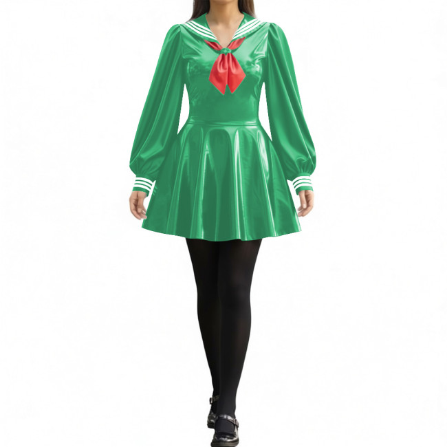 Party Sexy Pleated Sailor Collar Mini Dress for Anne Cosplay Cosutme Glossy PVC Leather Long Lantern Sleeve Short Dress with Bow