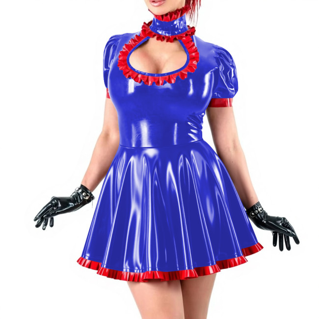 Sissy Sexy Ruffles High Neck A-line Mini Dress Vinyl PVC Leather Hollow Out Chest Short Flared Skater Dress for Party Outfits