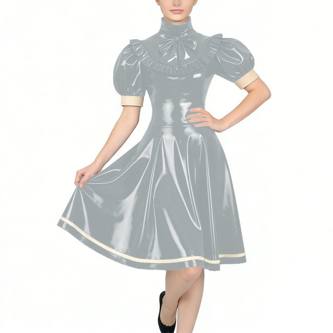 Women's Glossy PVC Vintage Style Dress Plus Size Party Knee-lenght A-line Dress Patchwork High Neck Ruffled Bow Flare Midi Dress