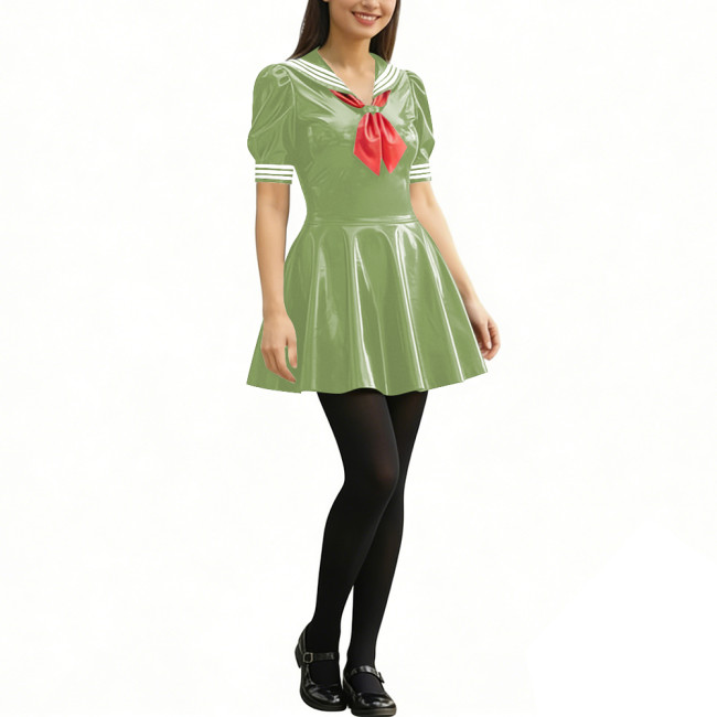 Anime Party Cosplay Sailor Mini Dress Short Sleeve Sweet Glossy PVC A-line Dress Wetlook Patent Leather Short Dress JK Uniforms