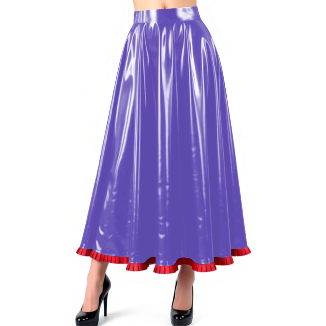 Sissy Glossy PVC Leather Pleated Maxi Skirt Shiny Wet Look High Waist Flared A-Line Long Skirt with Ruffled Hem Nightclub Outfit