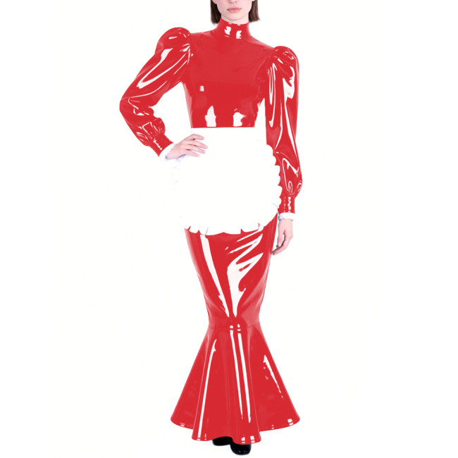Mens Sissy PVC Glossy Mermaid Maid Dress High Neck Puff Long Sleeve Slim Fit Ruffled Long Dress with Apron Party Cosplay Outfits