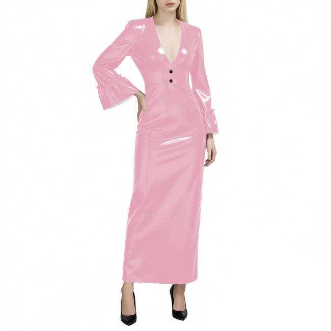 Women's Glossy PVC Leather Maxi Dress Sexy Deep V Neck Long Flare Sleeve Slim Pencil Dress Evening Party Club Formal Long Dress