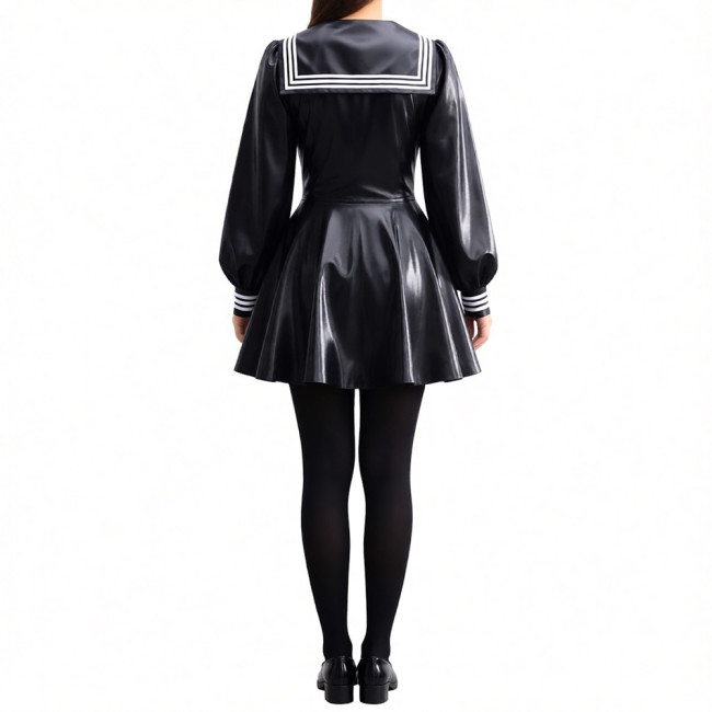 Party Sexy Pleated Sailor Collar Mini Dress for Anne Cosplay Cosutme Glossy PVC Leather Long Lantern Sleeve Short Dress with Bow
