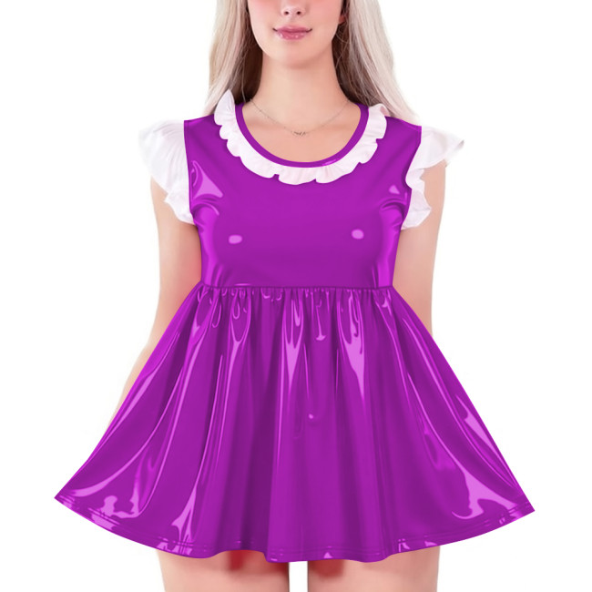 Womens O-neck Glossy High Waist A-line Dress Shiny PVC Leather Sleeveless Mini Badydoll Dress for Party Club Cosplay Nightwear